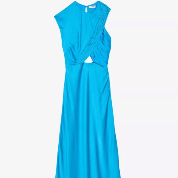 NWT Blue SANDRO Cut-out one-shoulder satin maxi dress - Picture 2 of 7